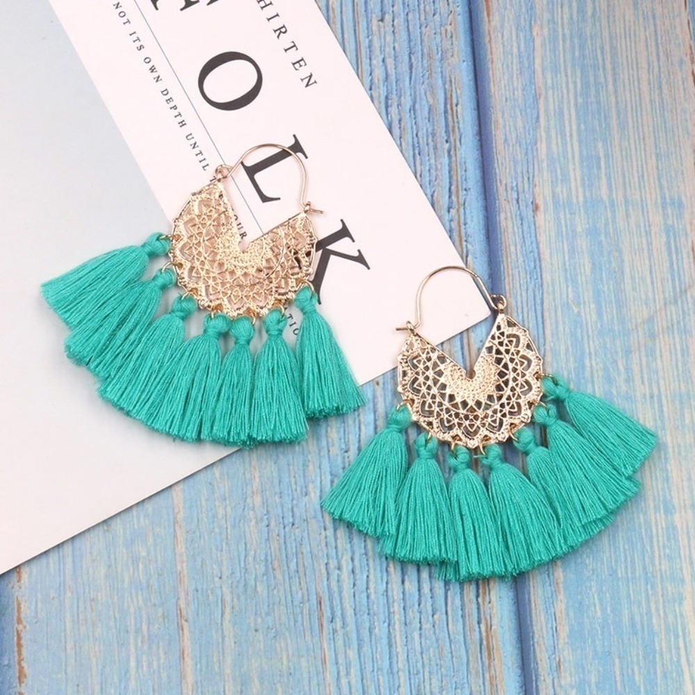 *FLORENCE* Gold x Teal Tassel x Gold Fashion Earrings